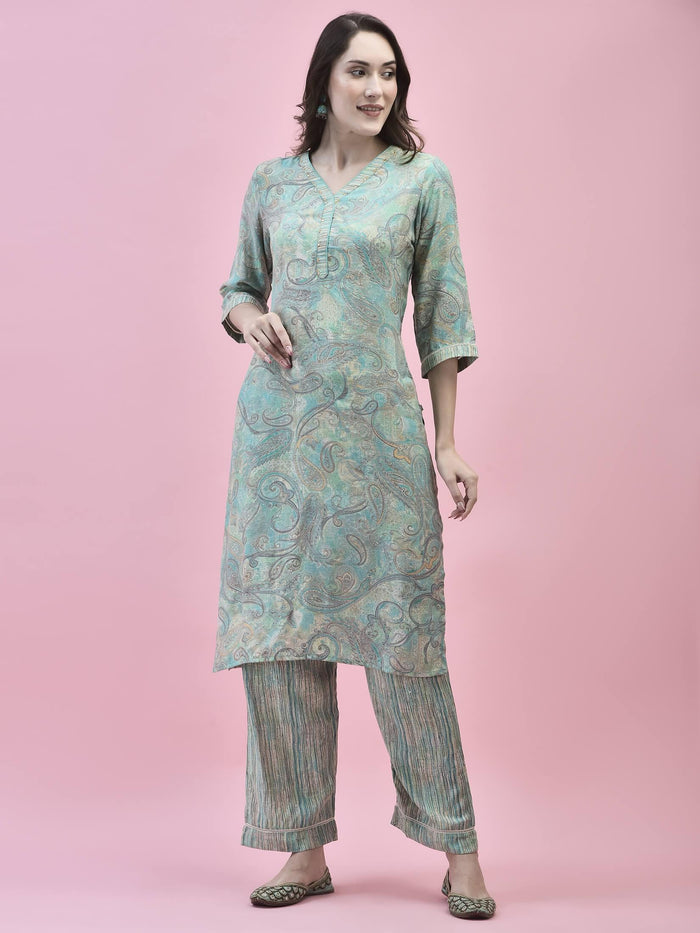 Women Poly Viscose Teal Paisley Kurta Comfort Pant Dupatta.