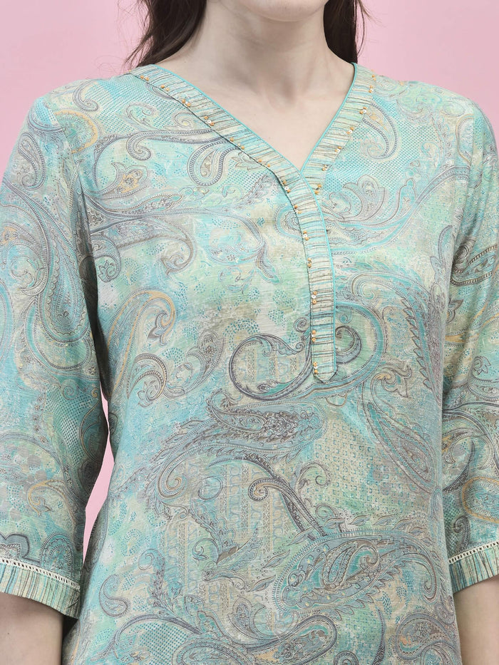 Women Poly Viscose Teal Paisley Kurta Comfort Pant Dupatta.