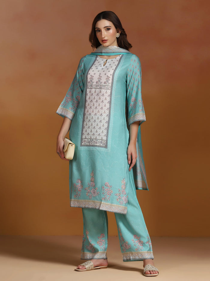 Women Poly Viscose Turquoise Blue Floral Print Kurta Comfort Pant Dupatta.