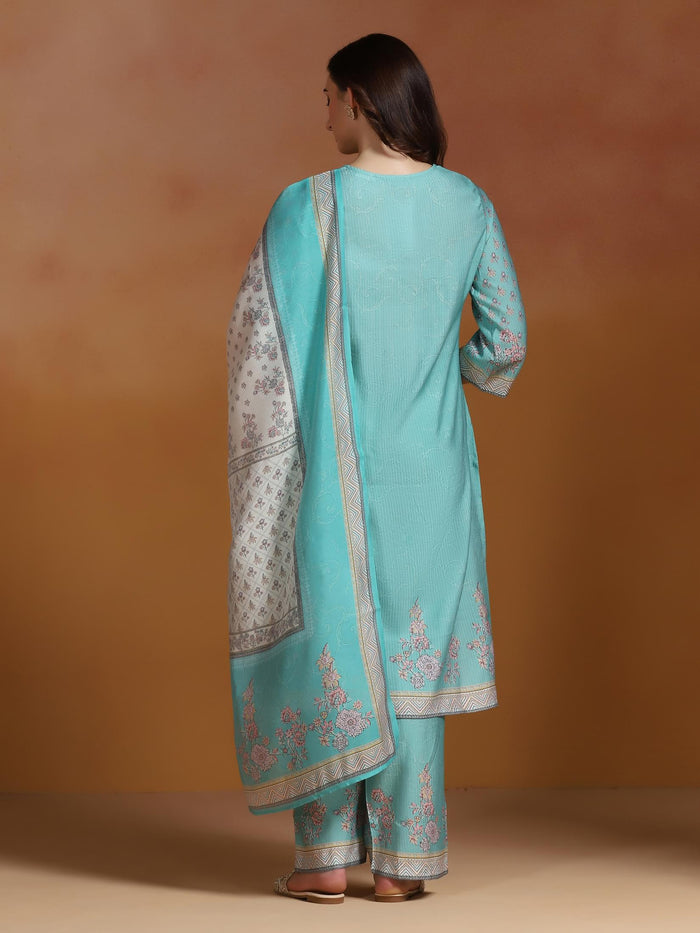 Women Poly Viscose Turquoise Blue Floral Print Kurta Comfort Pant Dupatta.