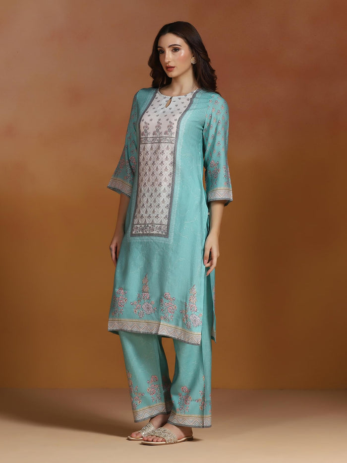 Women Poly Viscose Turquoise Blue Floral Print Kurta Comfort Pant Dupatta.