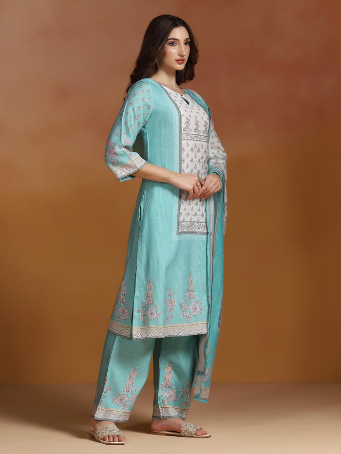 Women Poly Viscose Turquoise Blue Floral Print Kurta Comfort Pant Dupatta.
