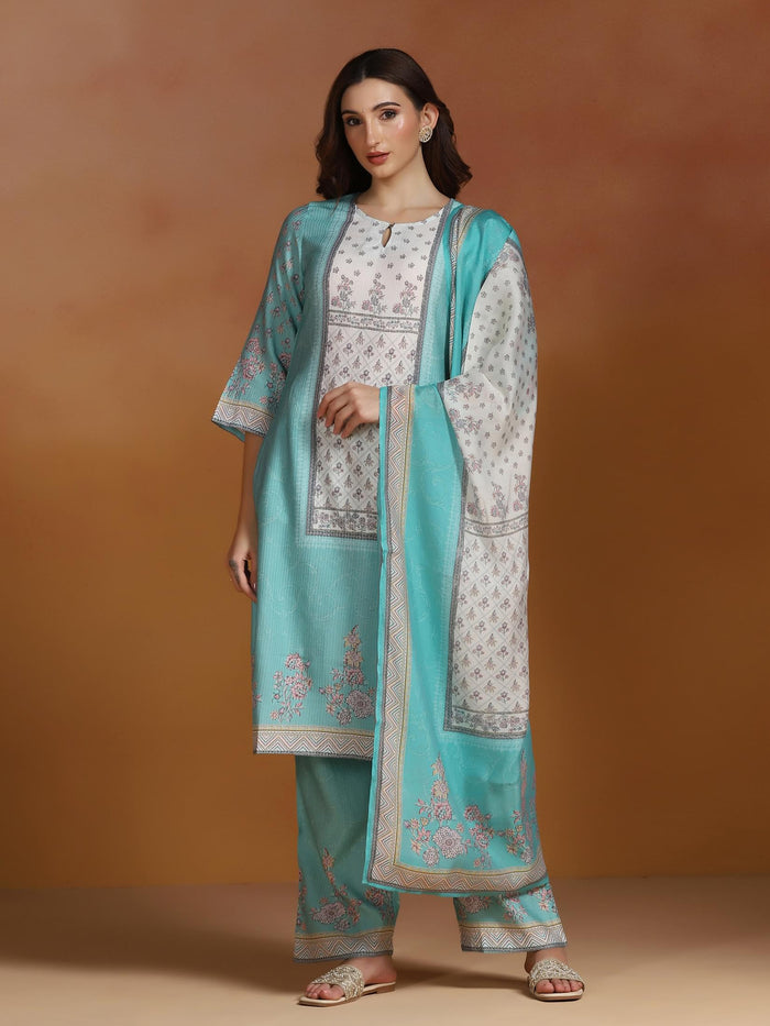 Women Poly Viscose Turquoise Blue Floral Print Kurta Comfort Pant Dupatta.