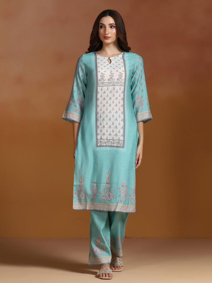 Women Poly Viscose Turquoise Blue Floral Print Kurta Comfort Pant Dupatta.