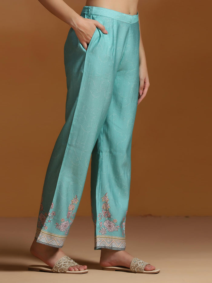 Women Poly Viscose Turquoise Blue Floral Print Kurta Comfort Pant Dupatta.