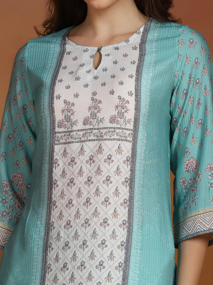 Women Poly Viscose Turquoise Blue Floral Print Kurta Comfort Pant Dupatta.