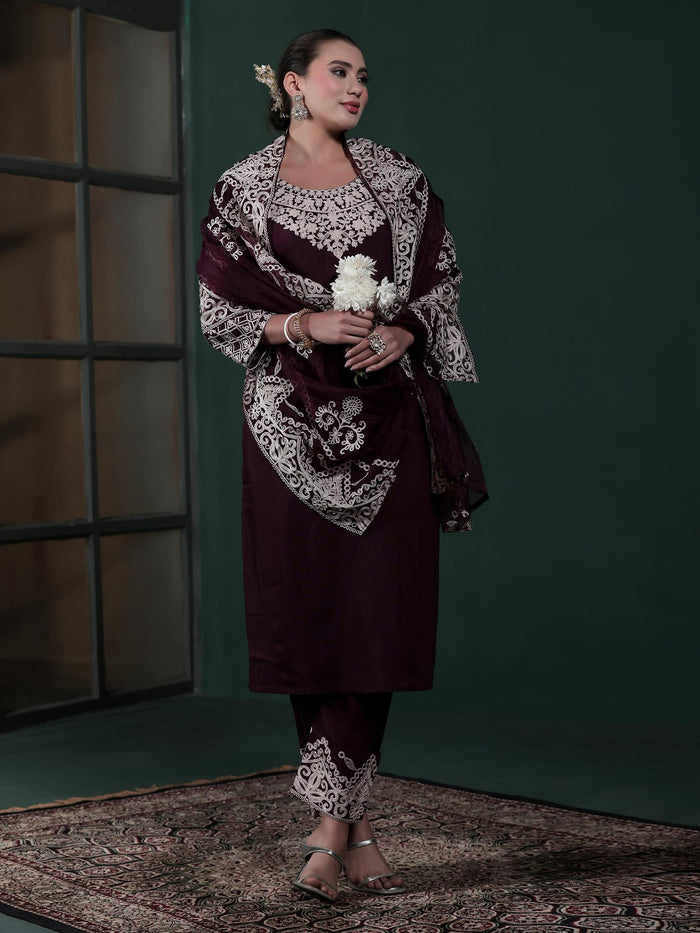 Women Poly Viscose Wine Embroidered Kurta Comfort Pant Dupatta.
