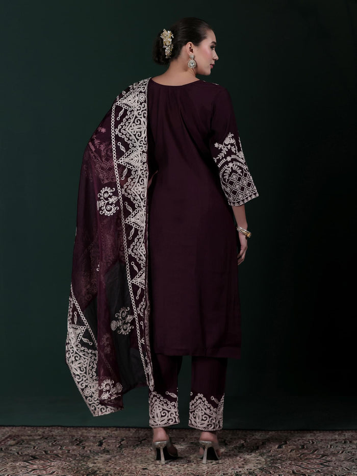 Women Poly Viscose Wine Embroidered Kurta Comfort Pant Dupatta.