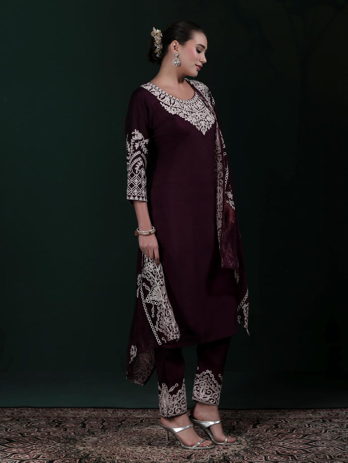 Women Poly Viscose Wine Embroidered Kurta Comfort Pant Dupatta.