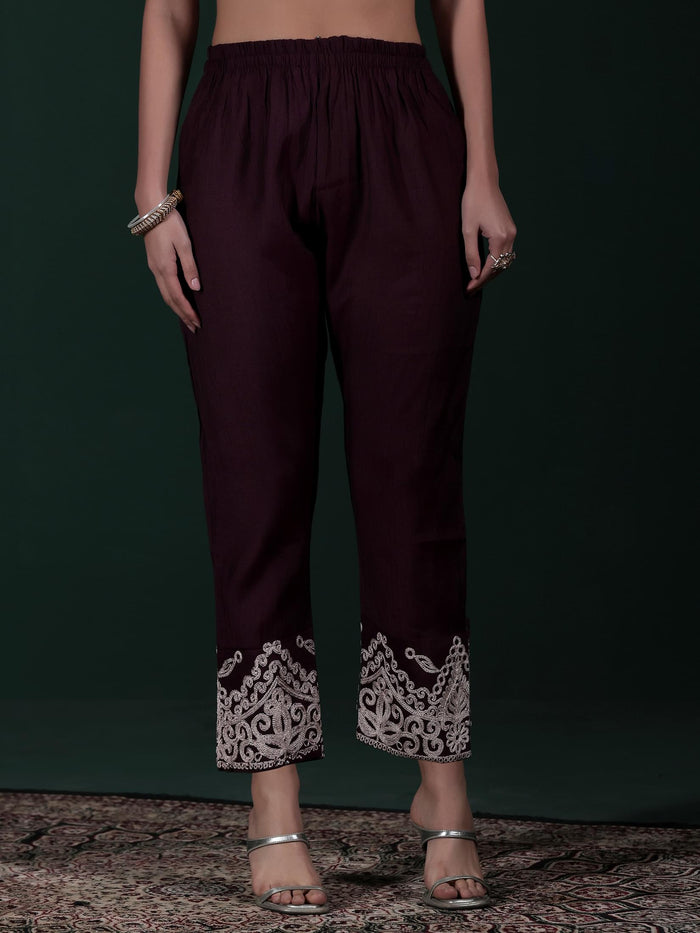 Women Poly Viscose Wine Embroidered Kurta Comfort Pant Dupatta.