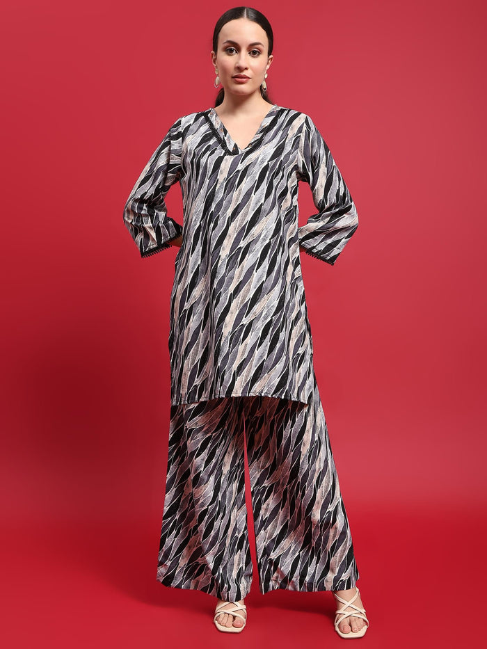Women Polyester Grey Abstract Print Co-Ord Set.