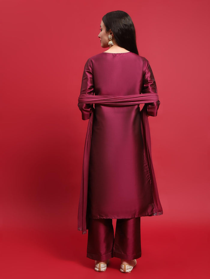 Women Polyester Purple Solid Kurta Comfort Pant Dupatta.