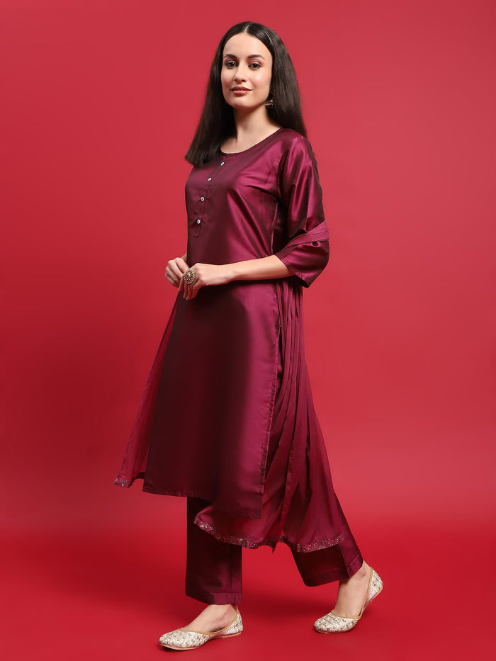 Women Polyester Purple Solid Kurta Comfort Pant Dupatta.