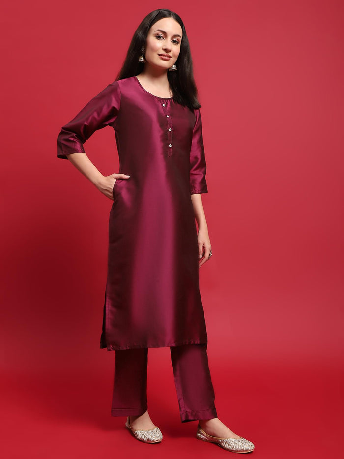 Women Polyester Purple Solid Kurta Comfort Pant Dupatta.
