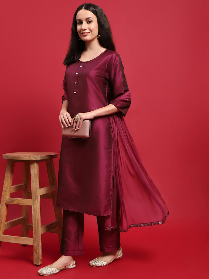 Women Polyester Purple Solid Kurta Comfort Pant Dupatta.