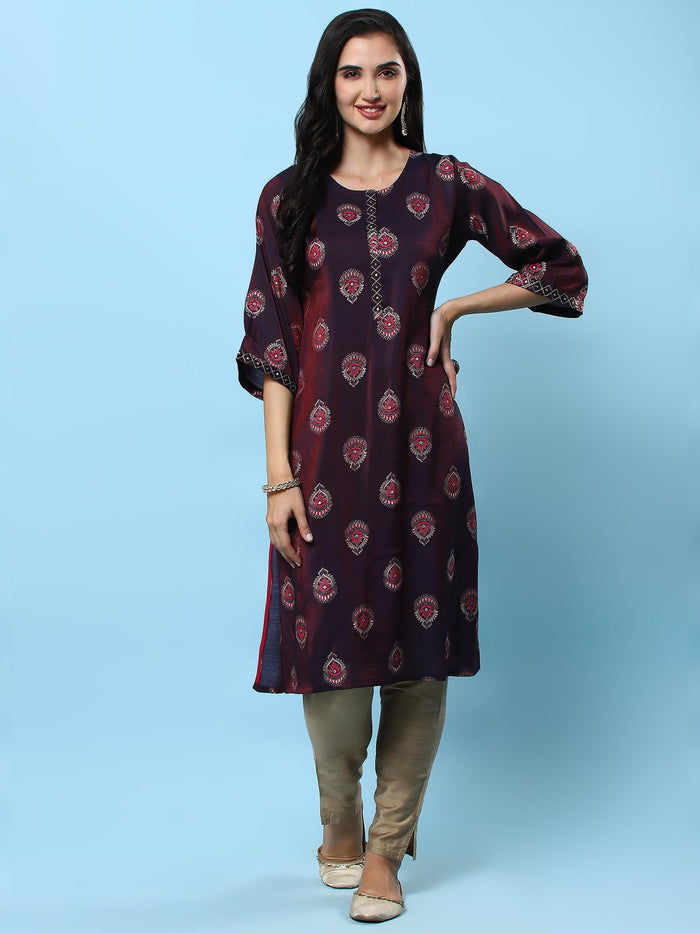 Women Purple Ornamental Printed Kurta.