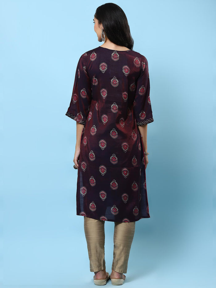 Women Purple Ornamental Printed Kurta.