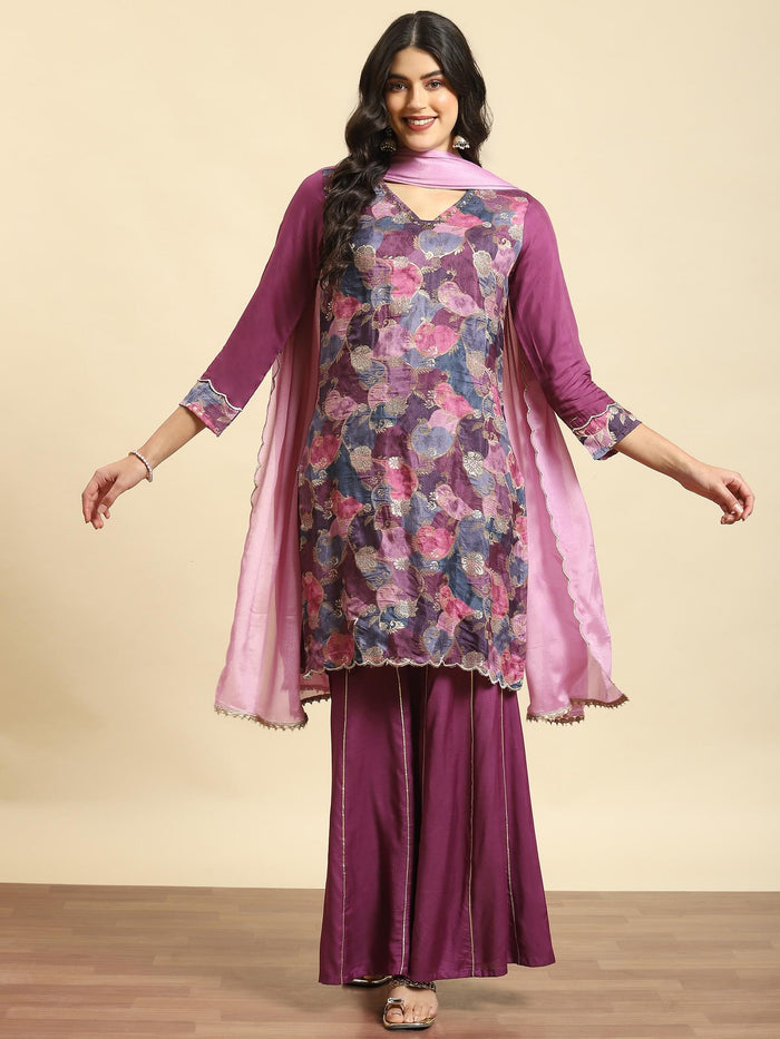 Women Purple Printed Kurta Sharara Dupatta.