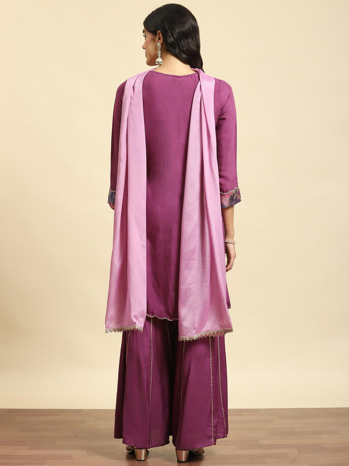 Women Purple Printed Kurta Sharara Dupatta.