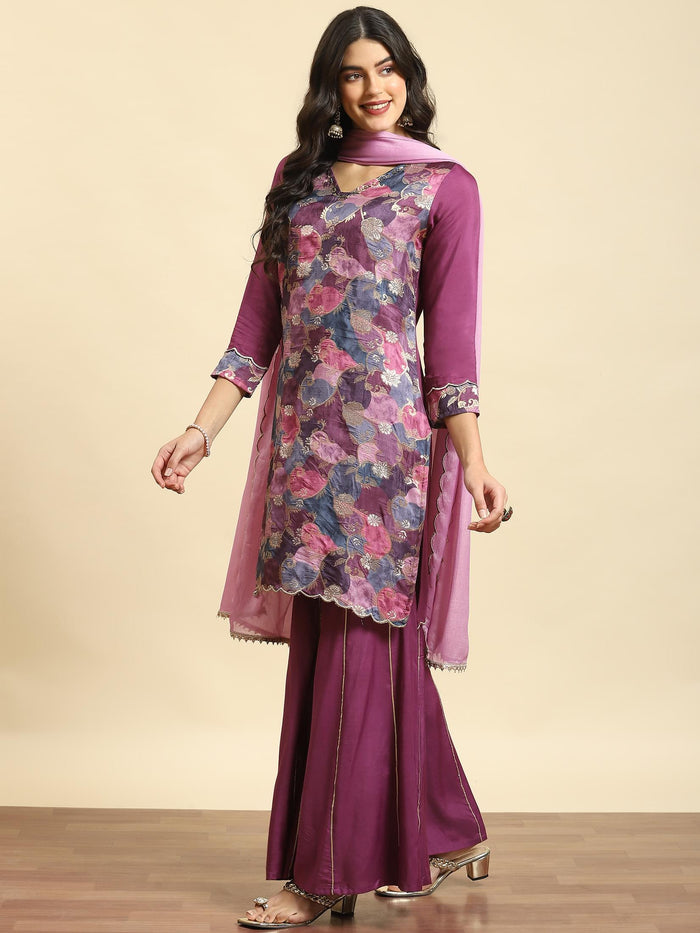 Women Purple Printed Kurta Sharara Dupatta.