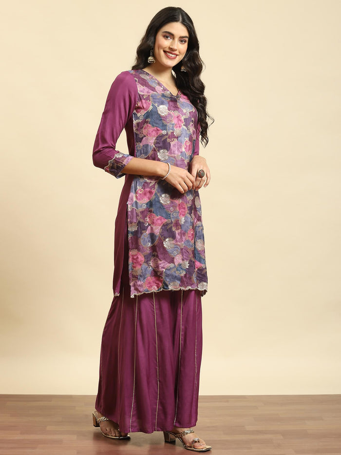 Women Purple Printed Kurta Sharara Dupatta.