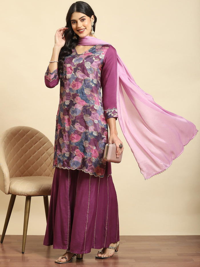 Women Purple Printed Kurta Sharara Dupatta.