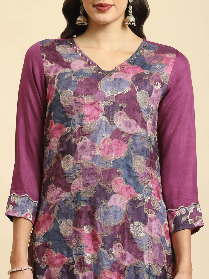 Women Purple Printed Kurta Sharara Dupatta.