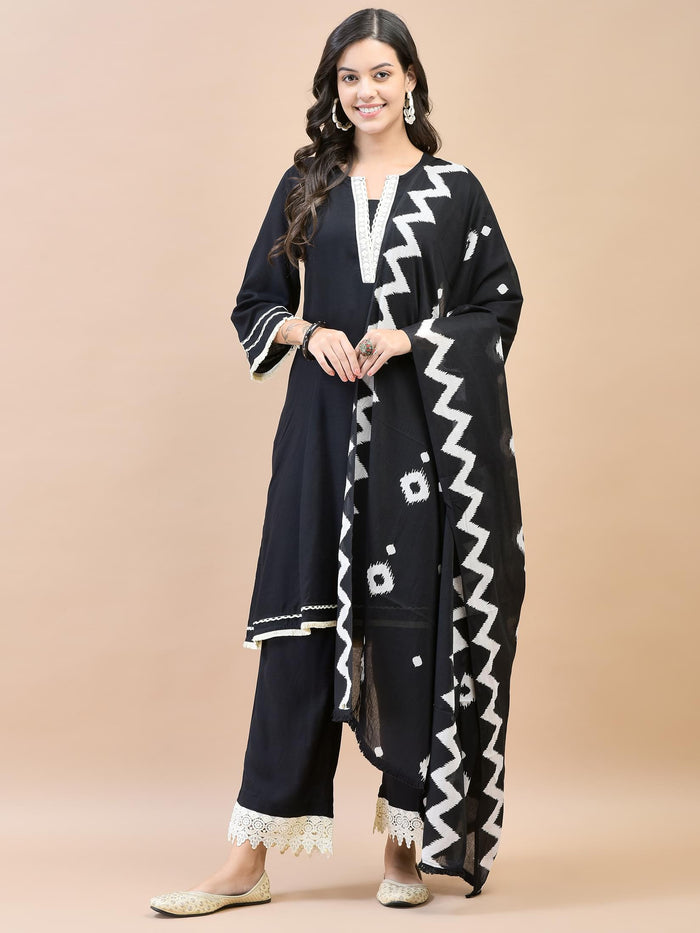 Women Rayon Black Kurta Comfort Pant Dupatta.