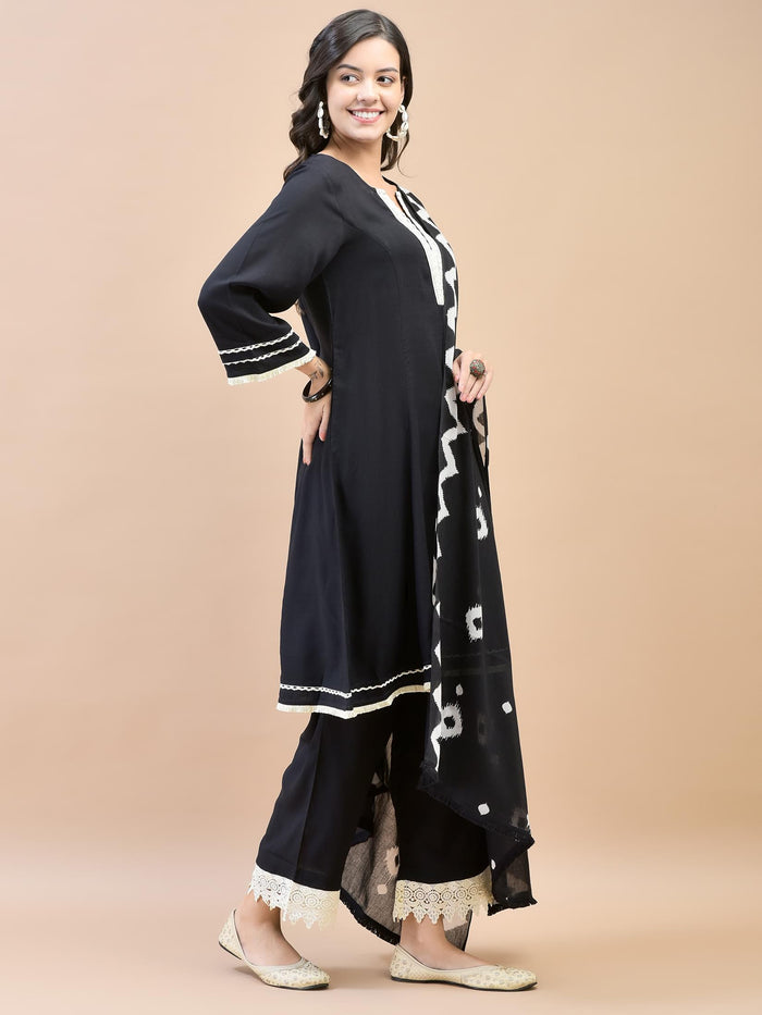 Women Rayon Black Kurta Comfort Pant Dupatta.