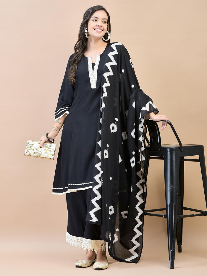 Women Rayon Black Kurta Comfort Pant Dupatta.