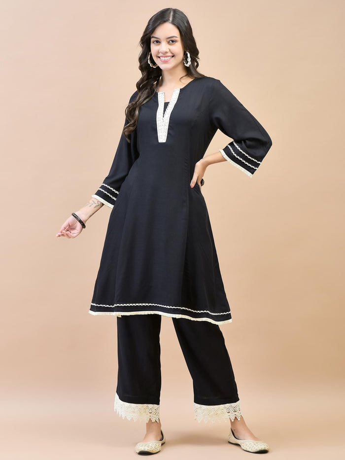 Women Rayon Black Kurta Comfort Pant Dupatta.