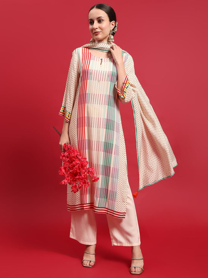 Women Rayon Off White Multi Kurta Comfort Pant Dupatta.