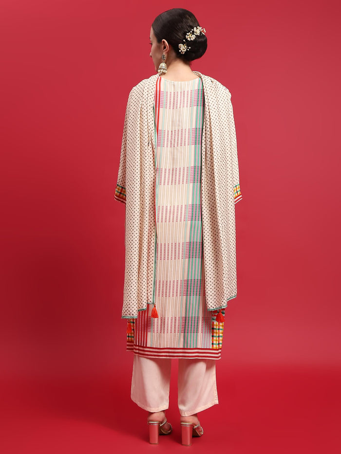 Women Rayon Off White Multi Kurta Comfort Pant Dupatta.