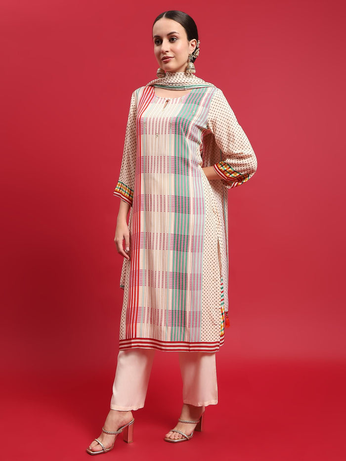 Women Rayon Off White Multi Kurta Comfort Pant Dupatta.