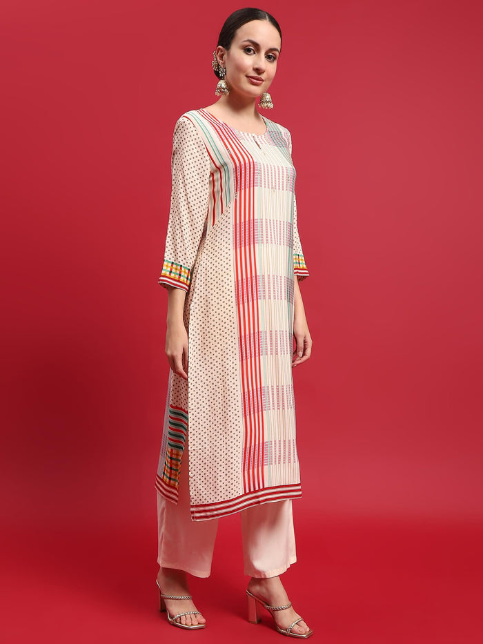 Women Rayon Off White Multi Kurta Comfort Pant Dupatta.