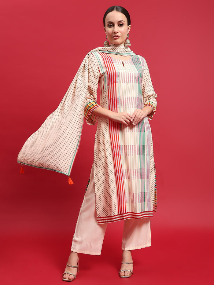 Women Rayon Off White Multi Kurta Comfort Pant Dupatta.