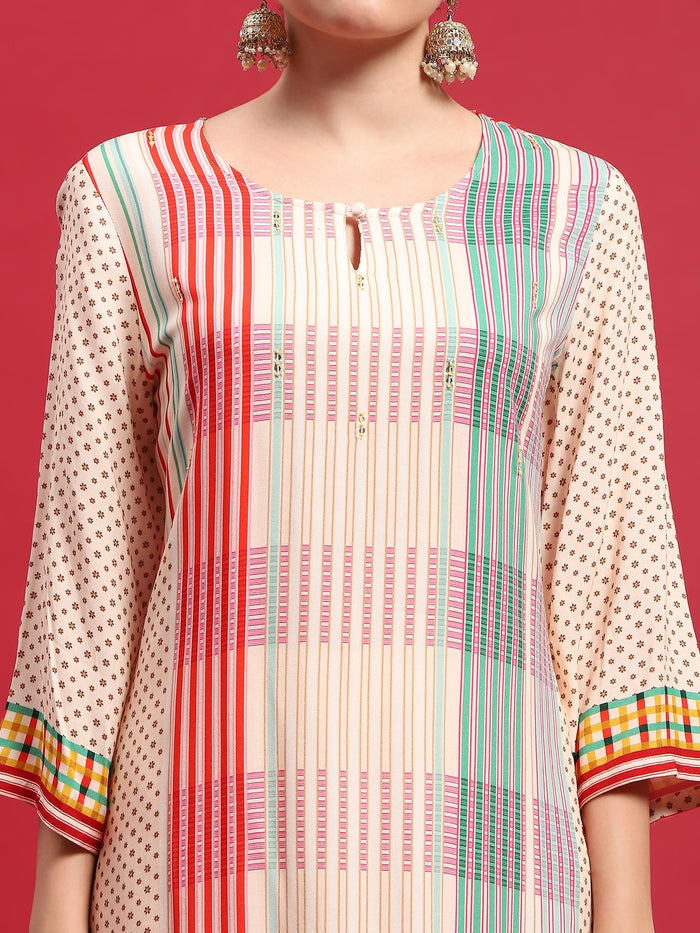 Women Rayon Off White Multi Kurta Comfort Pant Dupatta.