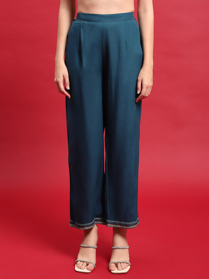 Women Rayon Peacock Blue Kurta With Comfort Pant.