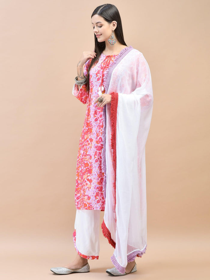 Women Rayon Pink Kurta Comfort Pant Dupatta.