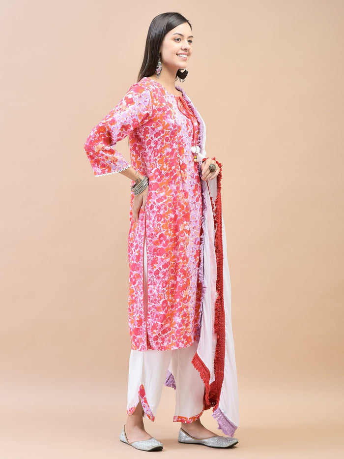 Women Rayon Pink Kurta Comfort Pant Dupatta.