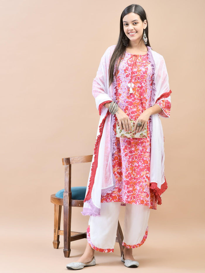 Women Rayon Pink Kurta Comfort Pant Dupatta.