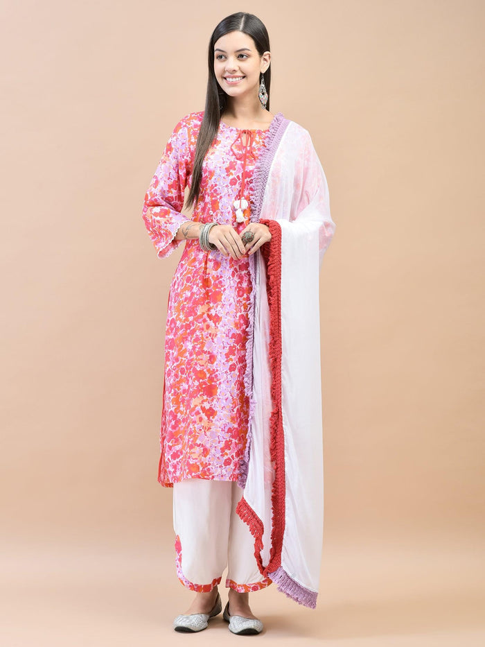 Women Rayon Pink Kurta Comfort Pant Dupatta.