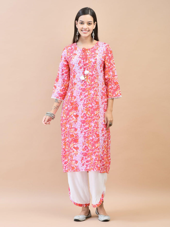 Women Rayon Pink Kurta Comfort Pant Dupatta.