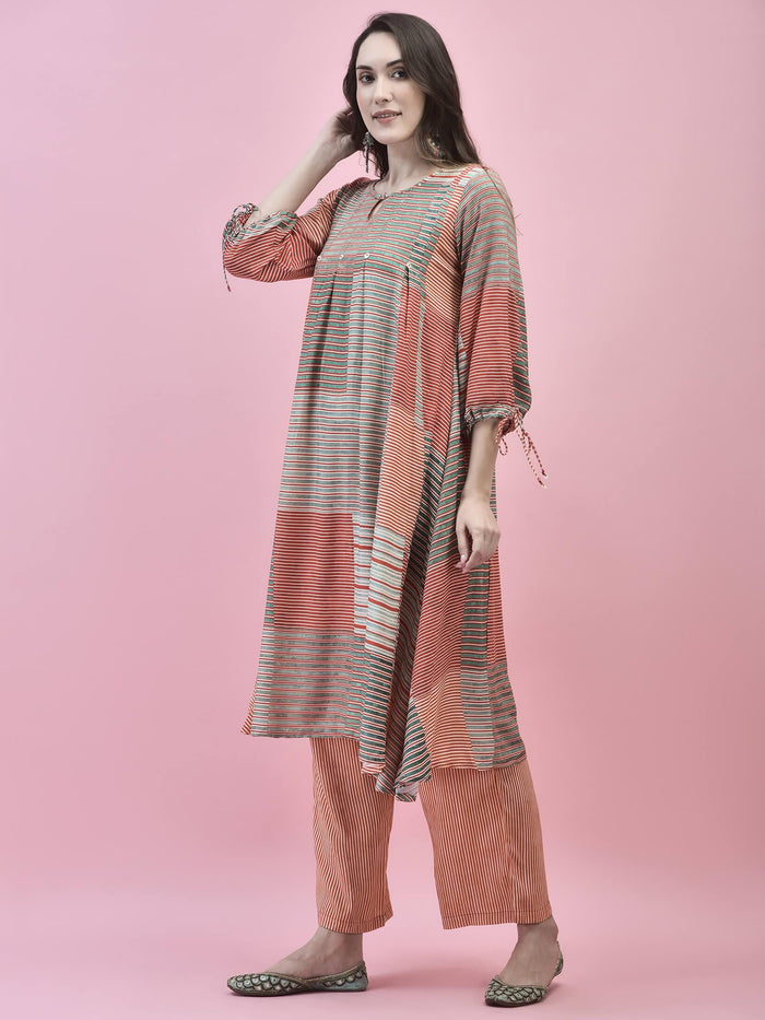 Women Rayon Rust Multi Kurta With Comfort Pant.