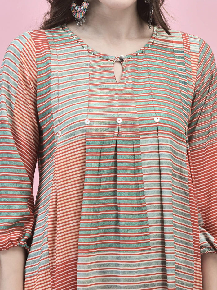 Women Rayon Rust Multi Kurta With Comfort Pant.