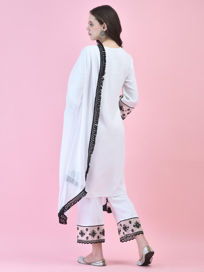 Women Rayon White Kurta Comfort Pant Dupatta.