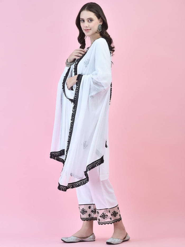 Women Rayon White Kurta Comfort Pant Dupatta.