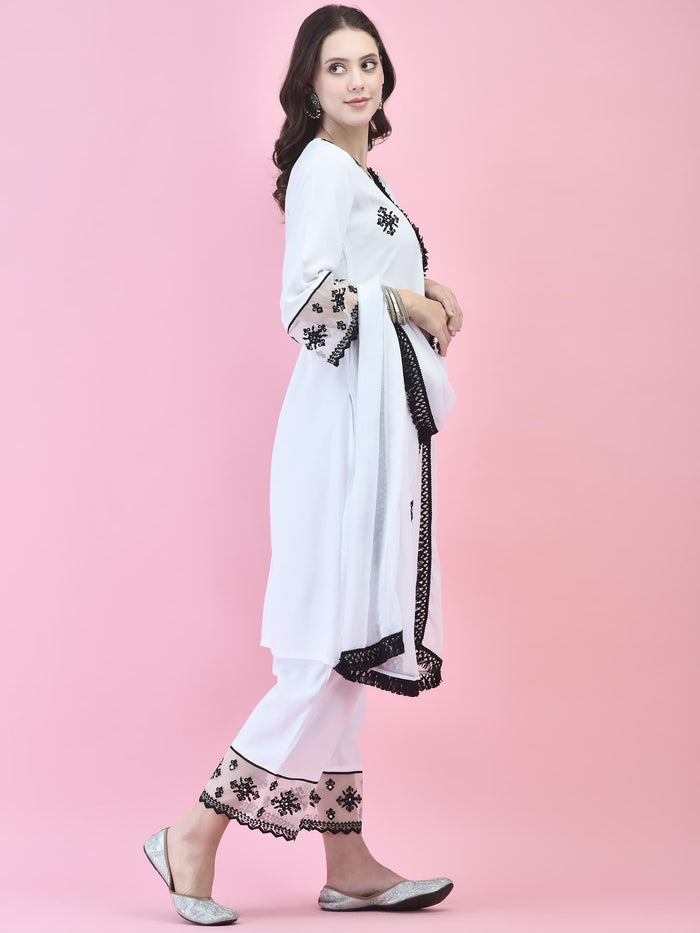 Women Rayon White Kurta Comfort Pant Dupatta.