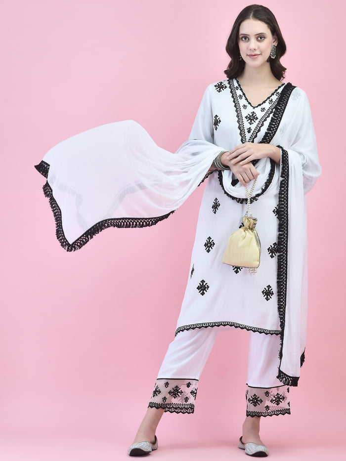 Women Rayon White Kurta Comfort Pant Dupatta.