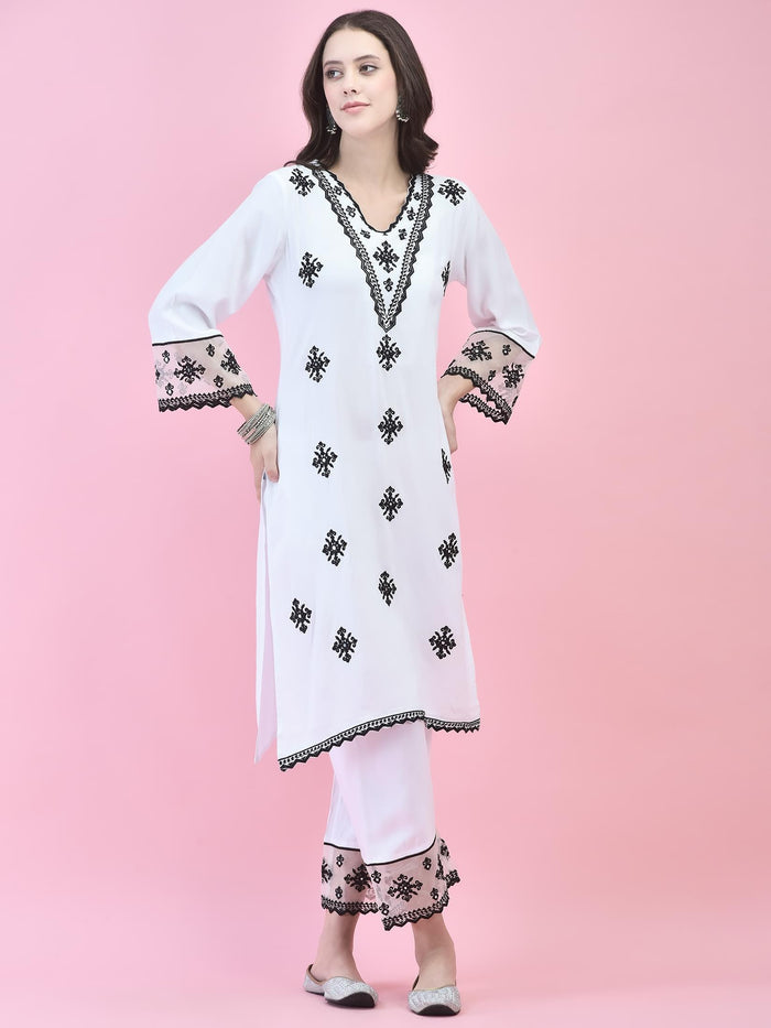 Women Rayon White Kurta Comfort Pant Dupatta.